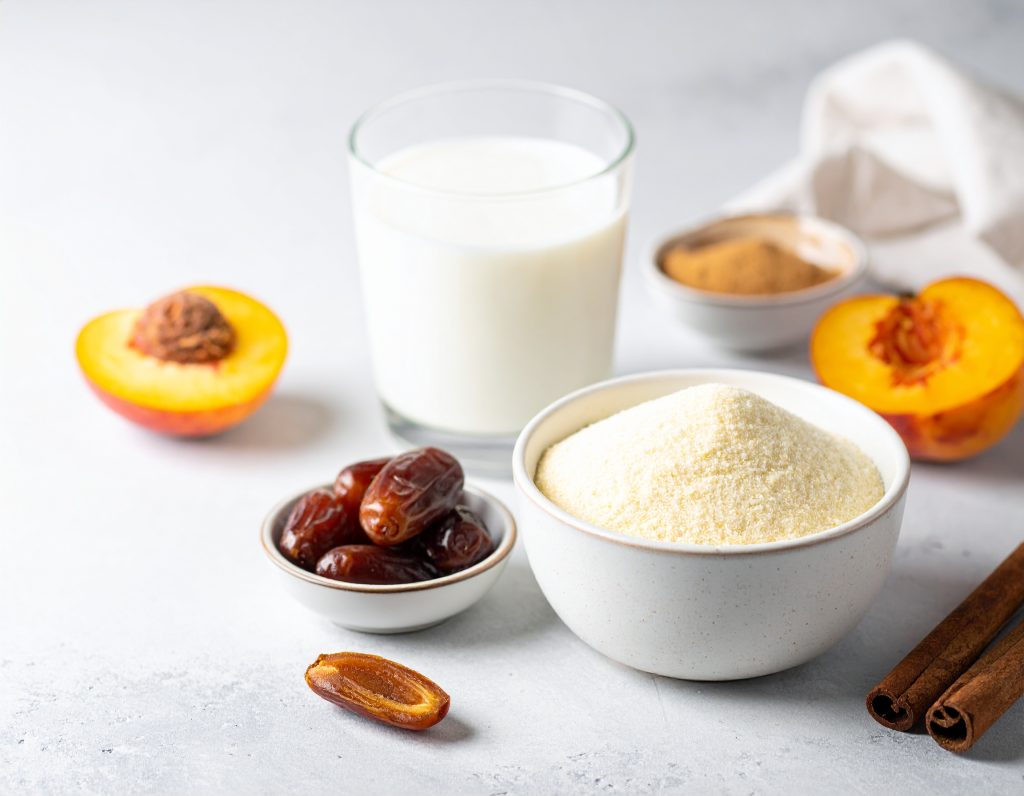 Zutaten für Grießbrei mit Grieß, Milch, Pfirsich und Datteln