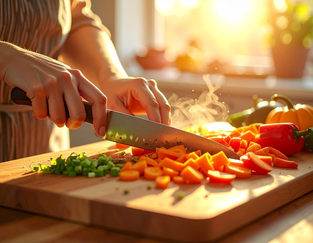 Paprika und Gemüse werden für Kürbis-Spaghetti klein geschnitten