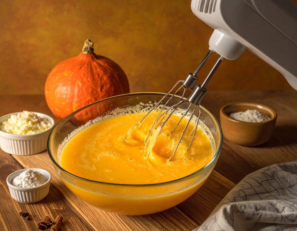 Kürbisteig für Pfannkuchen wird mit einem Handmixer verrührt