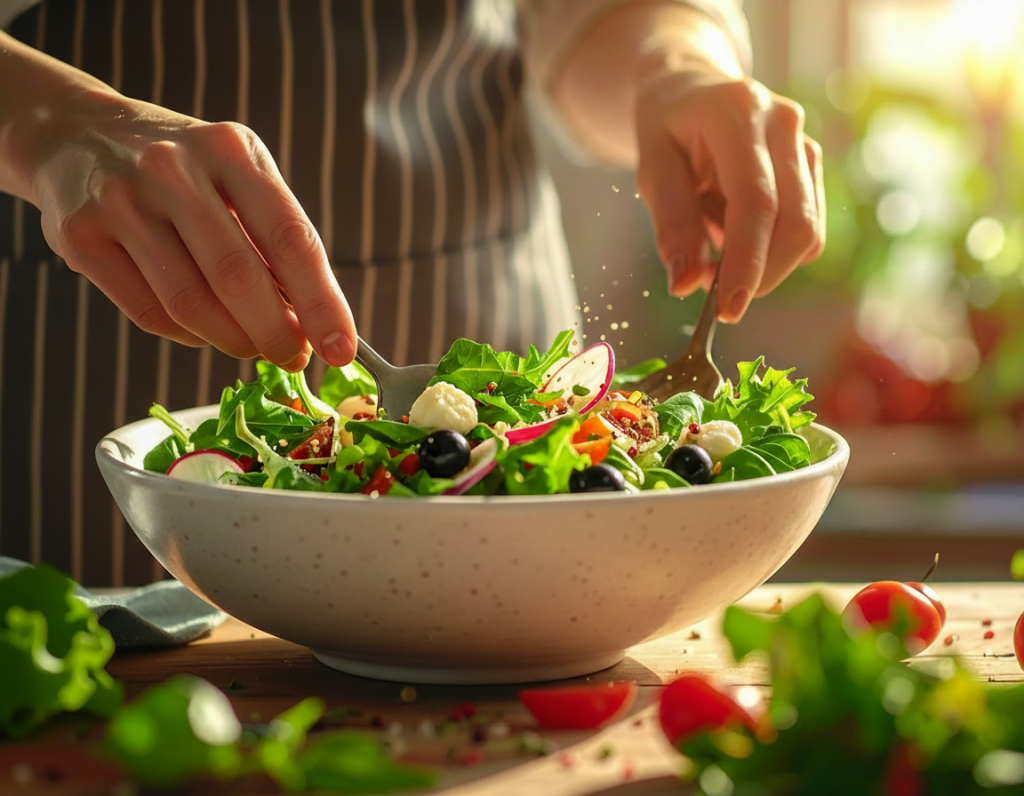 Caprese-Salat mit Tomaten, Mozzarella und Basilikum wird vermischt