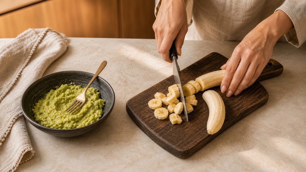 Bananen werden neben der zerdrückten Avocado in Stücke geschnitten