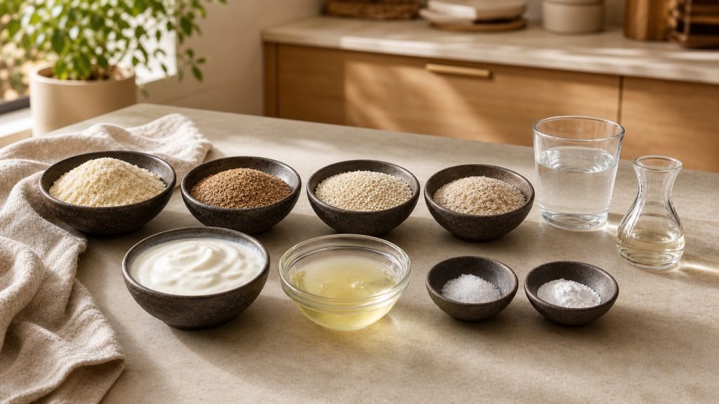 Zutaten für Low Carb Brot mit Mandelmehl, Leinsamen, Sesam, Joghurt und Eiern