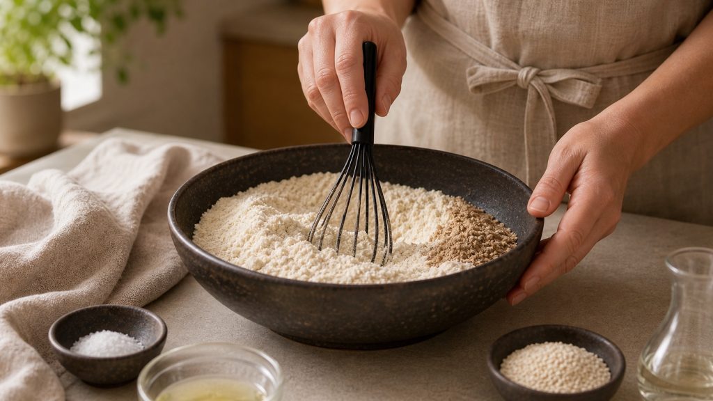 Trockene Zutaten für Low Carb Brot werden mit einem Schneebesen vermischt
