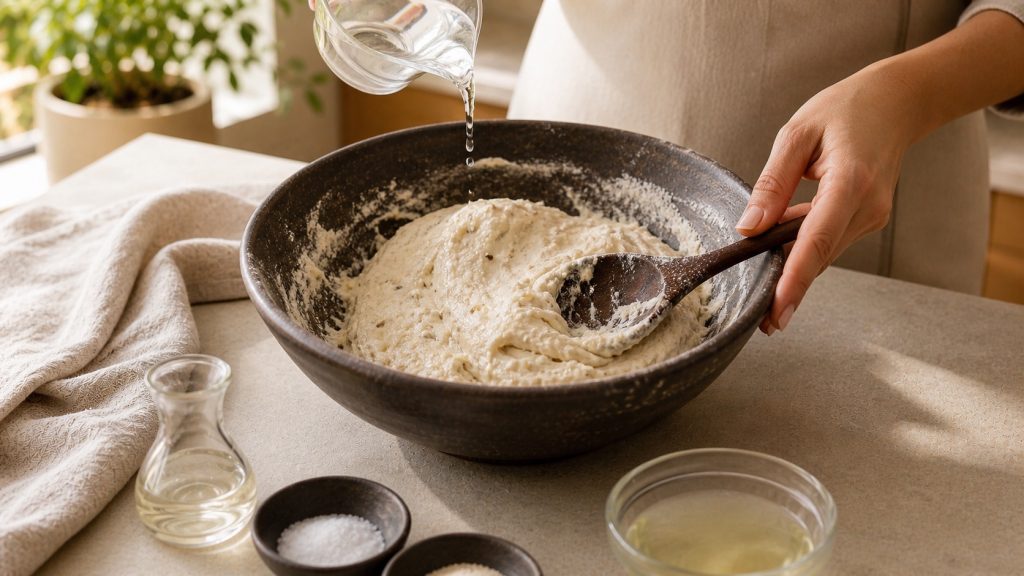 Wasser wird in den Teig für das Low Carb Brot eingearbeitet