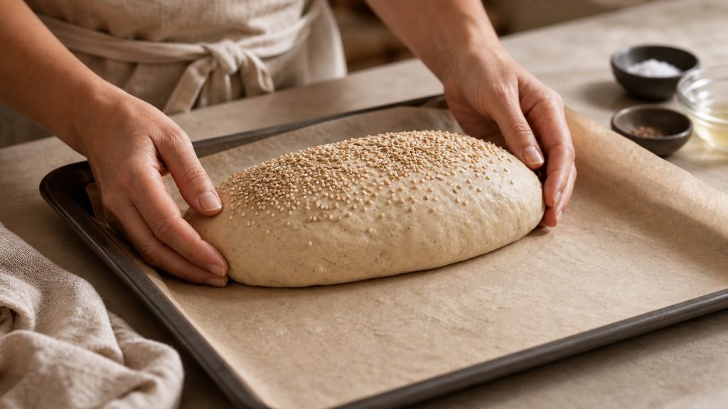 Geformter Brotteig mit Sesam wird auf das Backblech gelegt