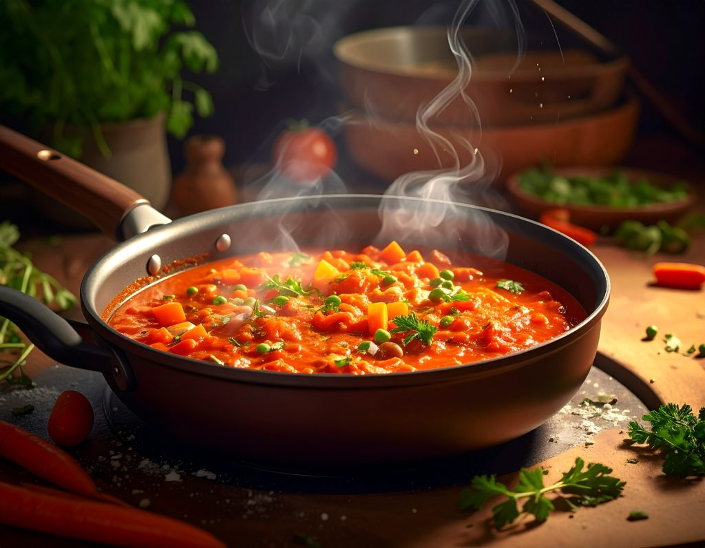 Tomatensauce mit Kräutern köchelt für die Auberginenlasagne