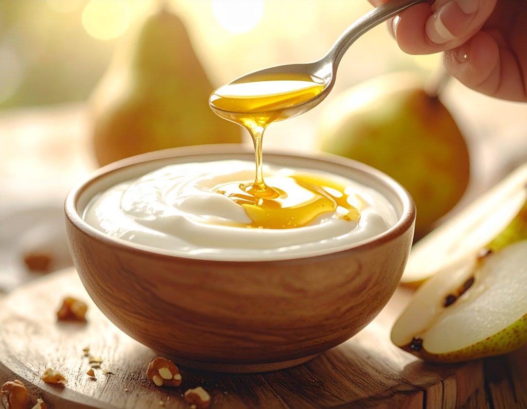 Honig wird über den Joghurt in der Bowl gegeben