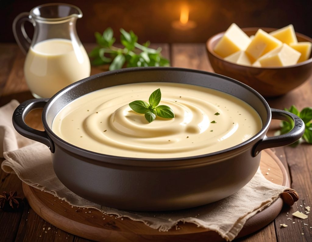 Cremige helle Sauce für die Auberginenlasagne im Topf