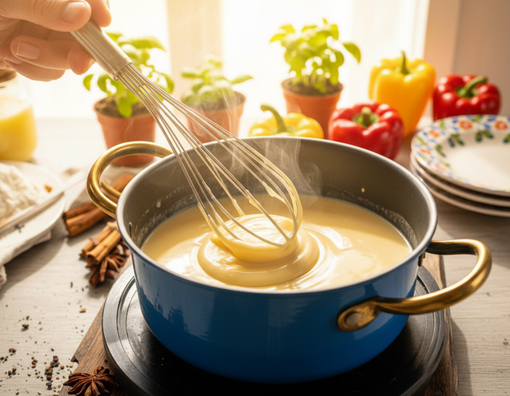 Cheesecake-Creme wird im Topf glatt gerührt