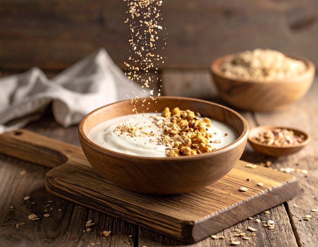 Samen und Haferflocken werden über die Joghurt-Bowl gestreut
