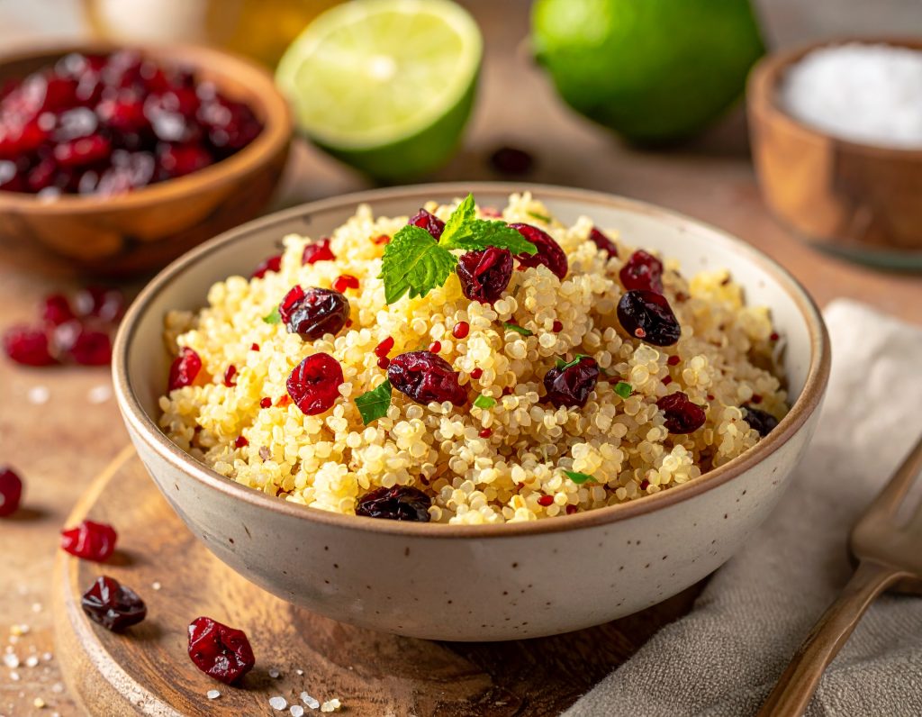 Quinoa mit Granatapfelkernen als Basis der Kürbis-Quinoa-Bowl