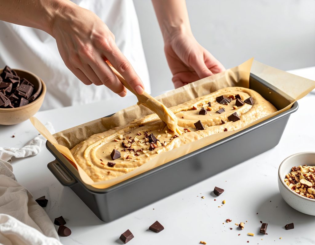 Bananenbrotteig mit Schokostückchen wird in eine Kastenform gefüllt