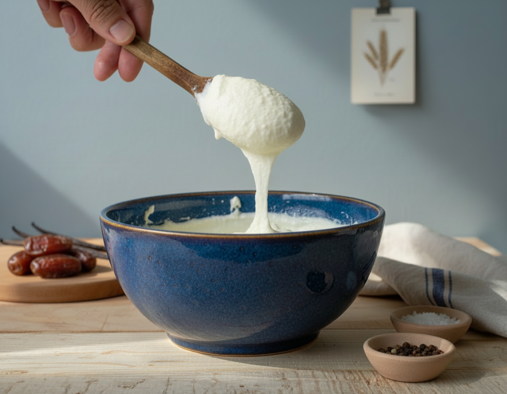 Cremige Cheesecake-Masse wird aus einer Schale gehoben