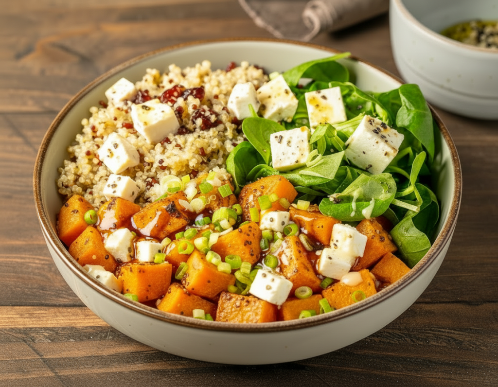 Kürbis-Quinoa-Bowl mit Blattgemüse, Feta und Süßkartoffeln