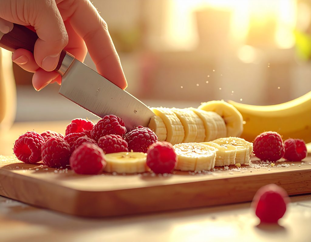 Banane und Himbeeren werden für den Cranberry-Smoothie geschnitten