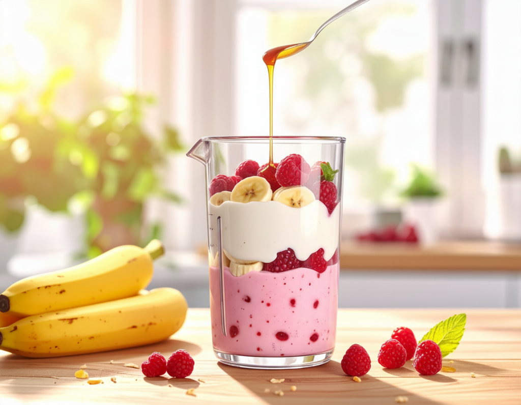 Joghurt, Banane und Beeren werden im Standmixer püriert