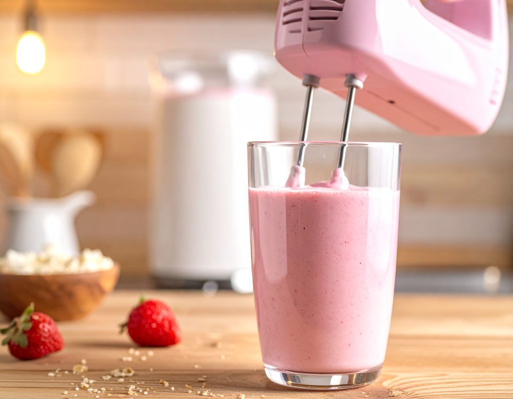Cranberry-Smoothie wird mit einem Handmixer aufgeschäumt