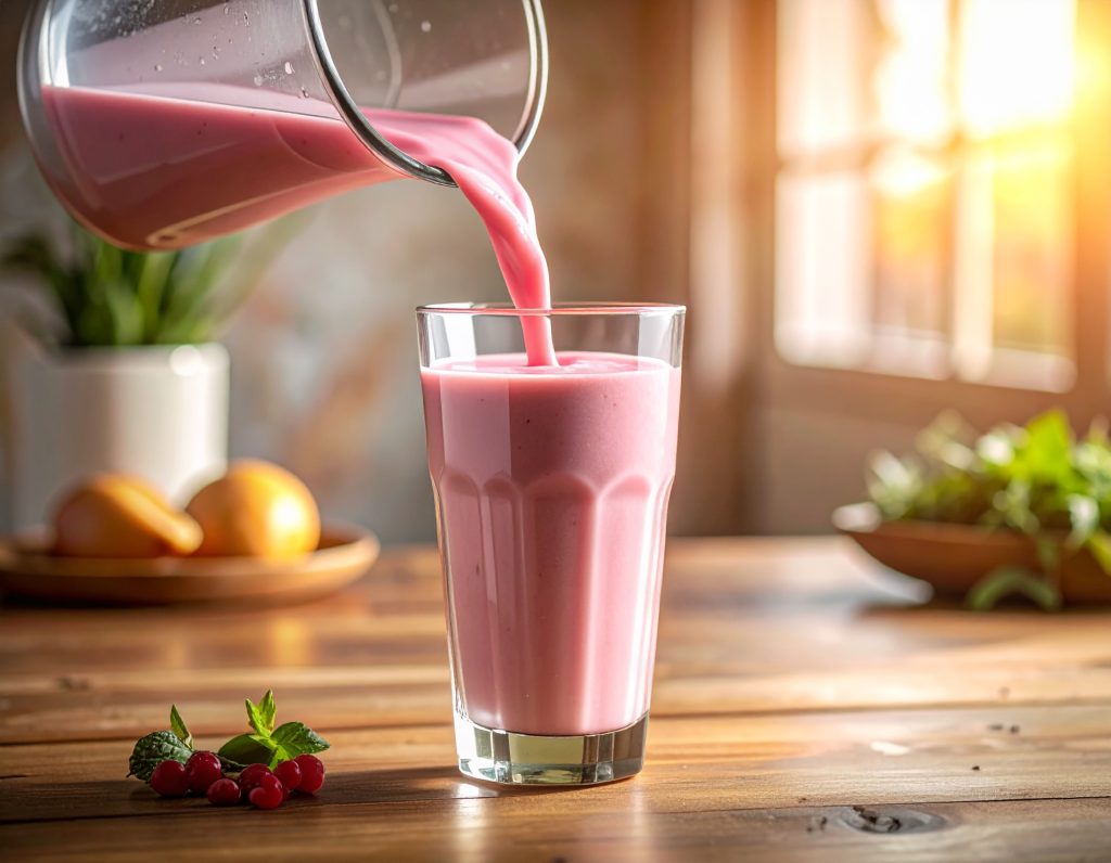 Cranberry-Smoothie wird in ein Glas gegossen