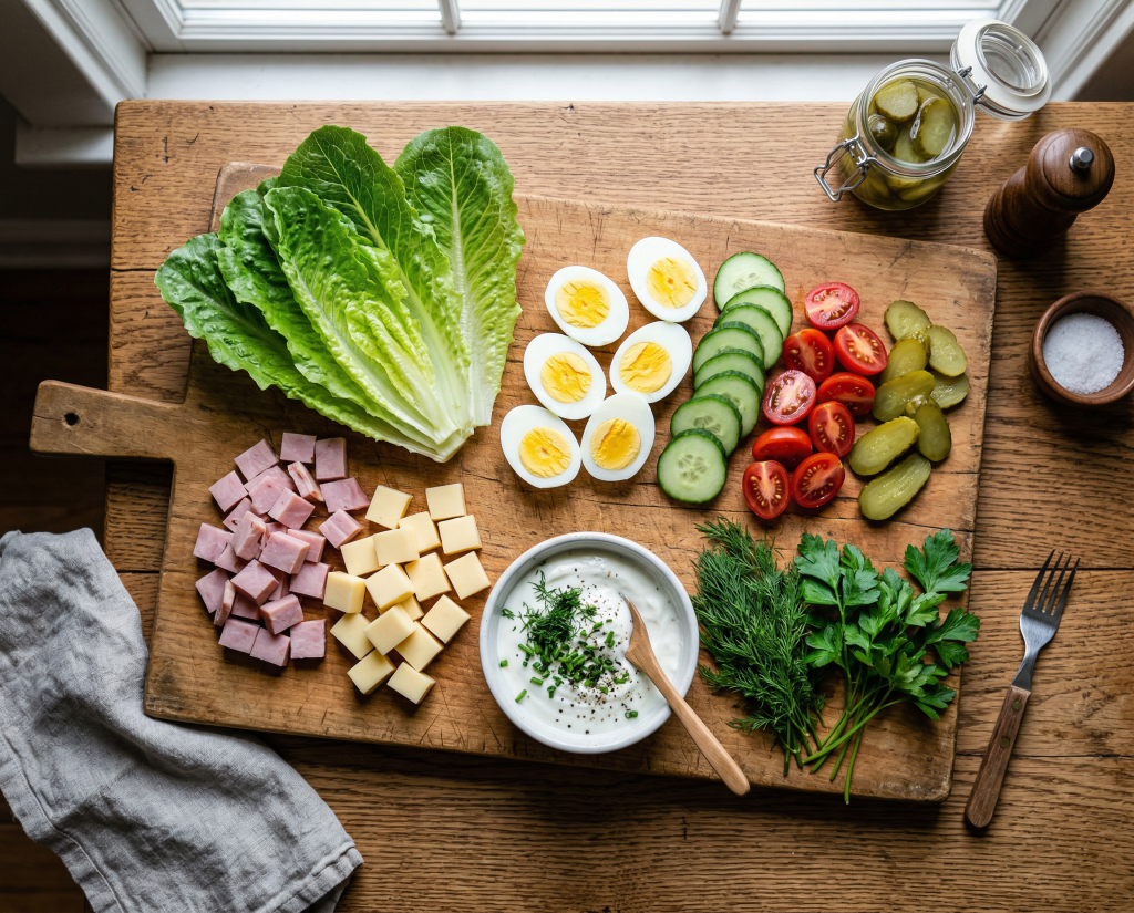 Zutaten für Chef-Salat mit Eiern, Schinken, Tomaten und Blattsalat