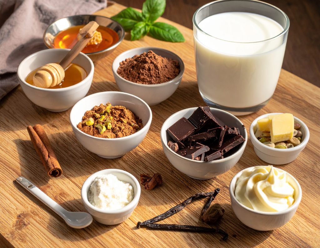 Zutaten für Dubai-Trinkschokolade mit Milch, Schokolade und Pistazien