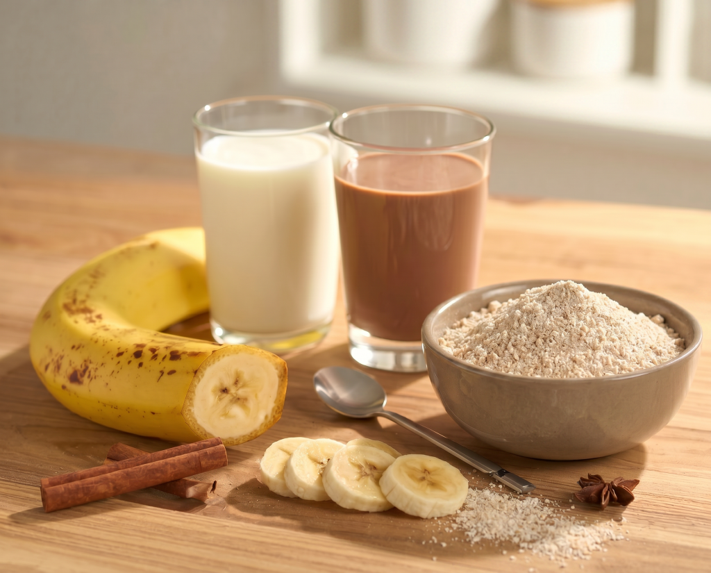 Zutaten für Protein-Porridge mit Haferflocken, Banane, Milch und Proteinpulver