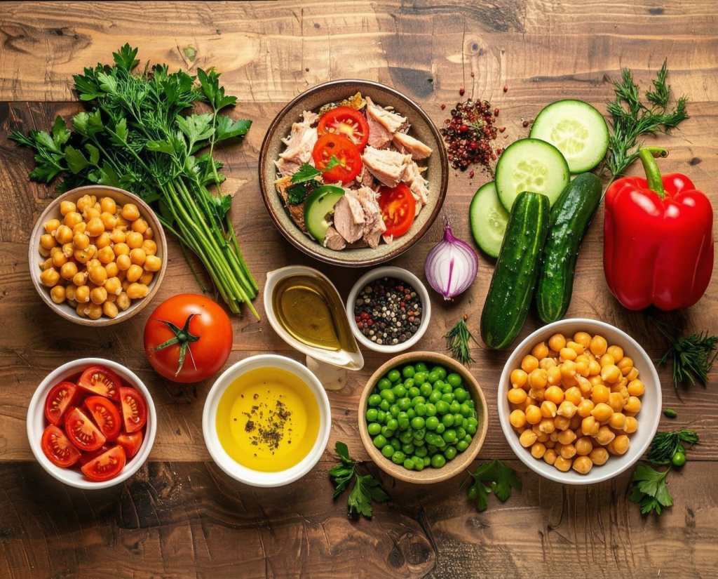 Zutaten für Thunfischsalat mit Kichererbsen, Gemüse und Kräutern