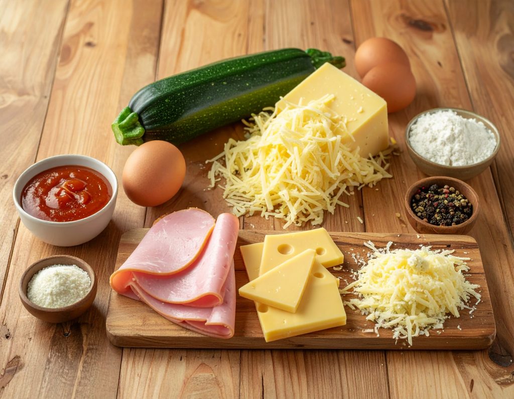 Zutaten für Zucchinirolle mit Zucchini, Käse, Schinken und Eiern