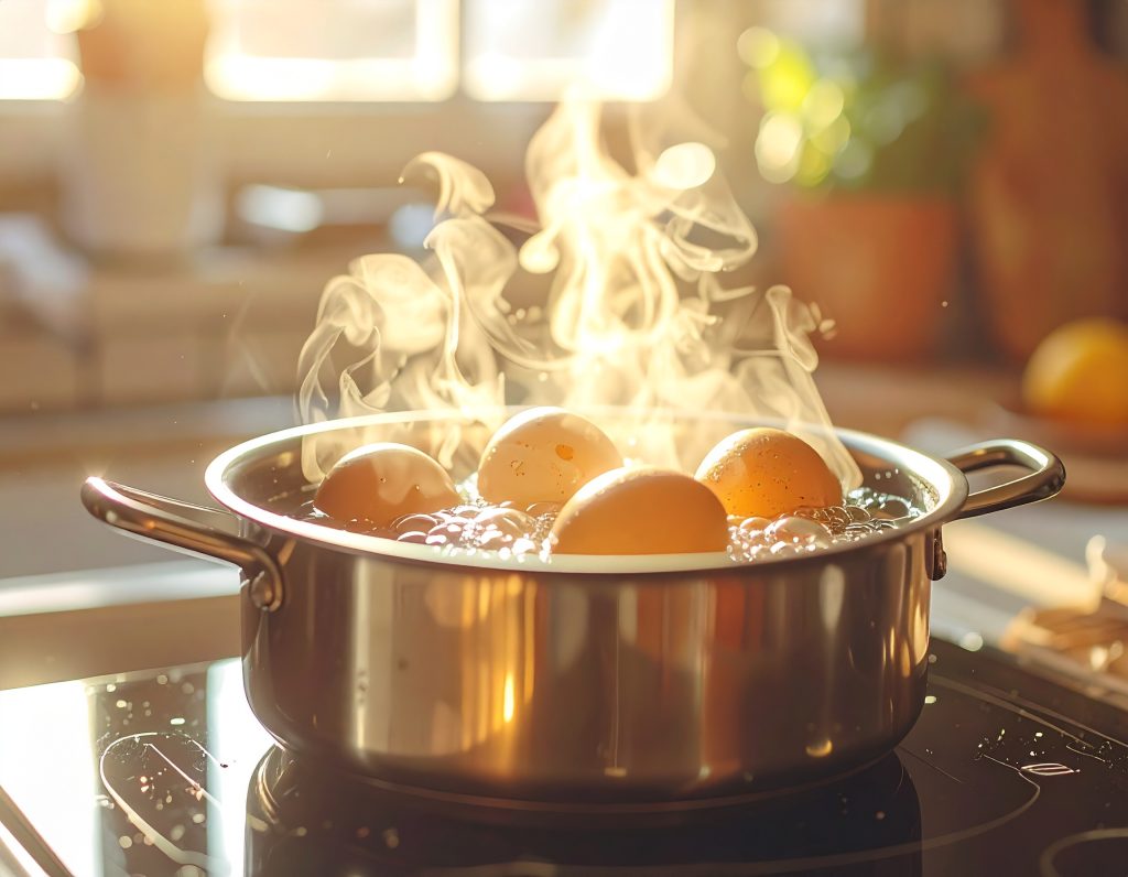 Eier werden für Chef-Salat in einem Topf gekocht