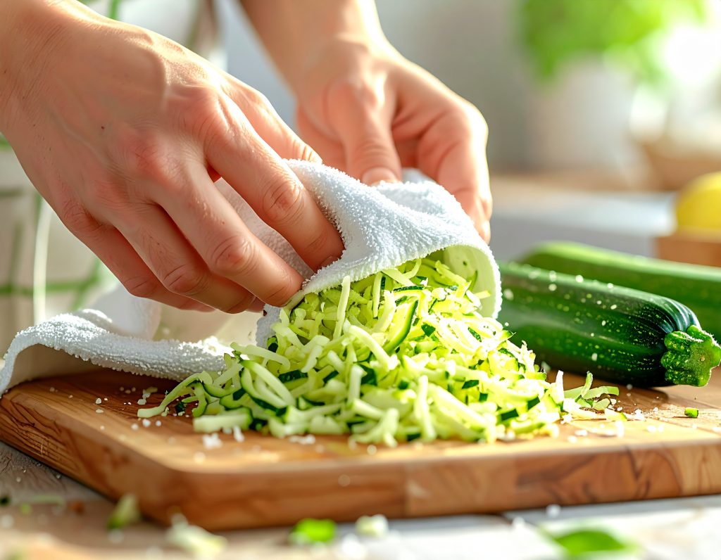 Geraspelte Zucchini wird in einem Tuch ausgedrückt