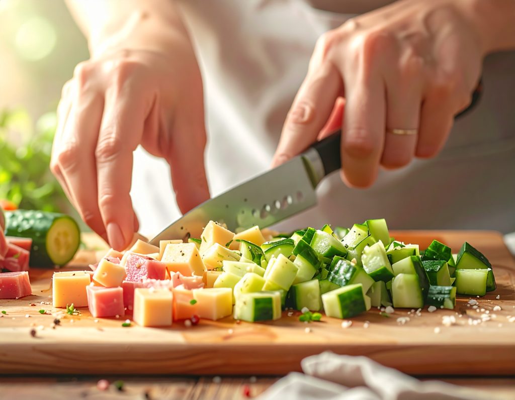 Schinken, Käse und Gemüse werden für Chef-Salat gewürfelt