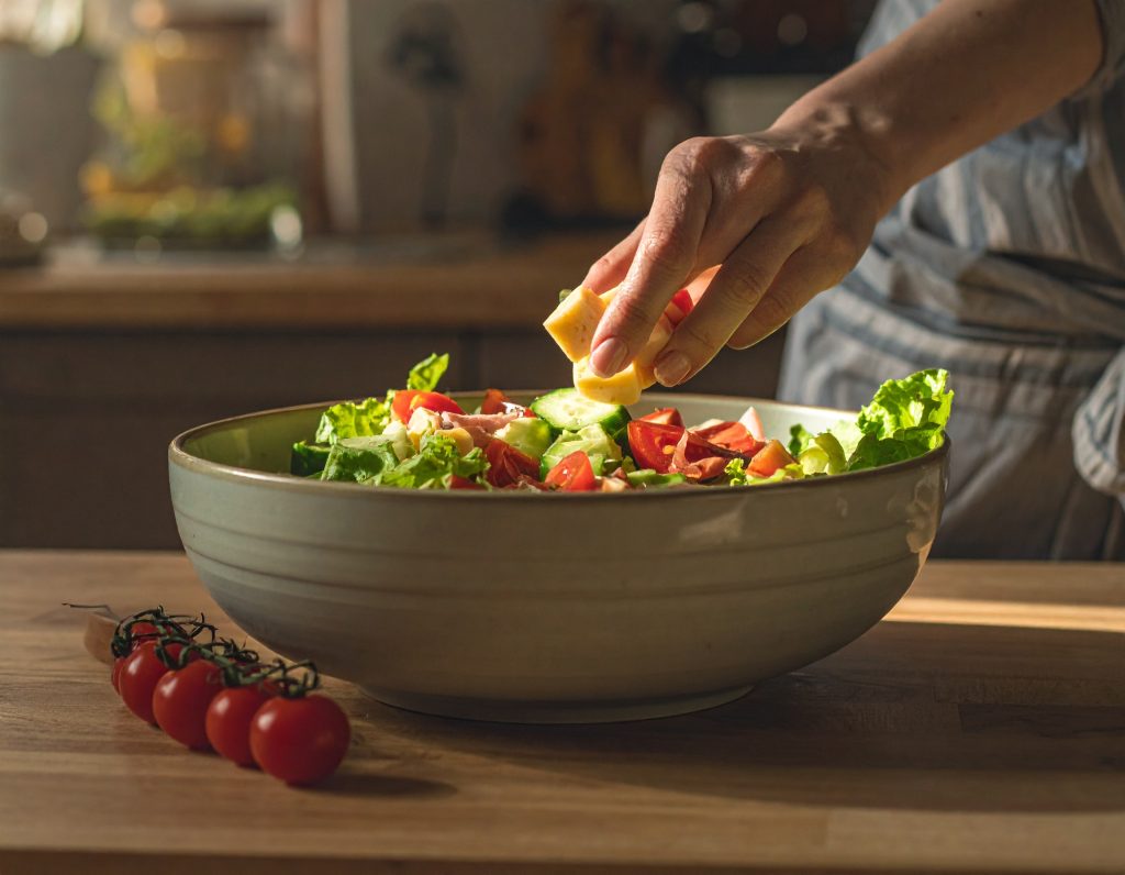 Zutaten werden in eine Schale mit Blattsalat gegeben