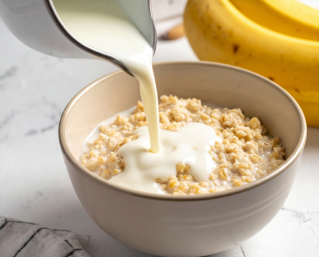 Milch wird zum Protein-Porridge gegeben