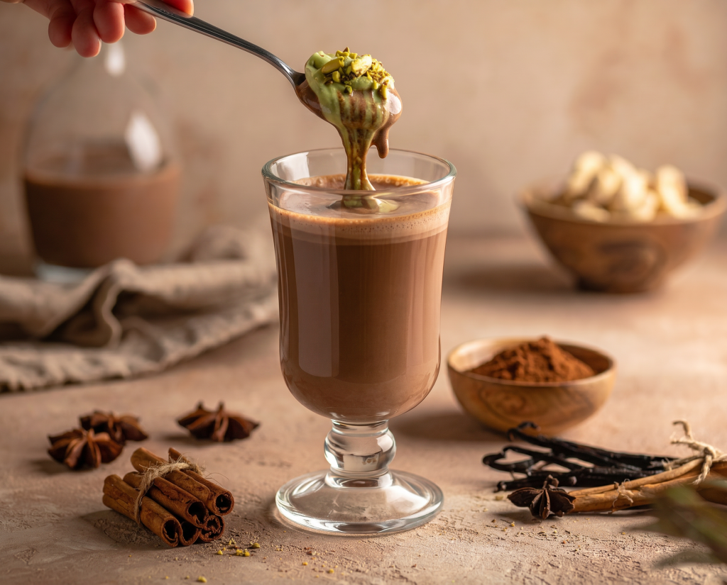 Dubai-Trinkschokolade wird mit Pistaziencreme garniert
