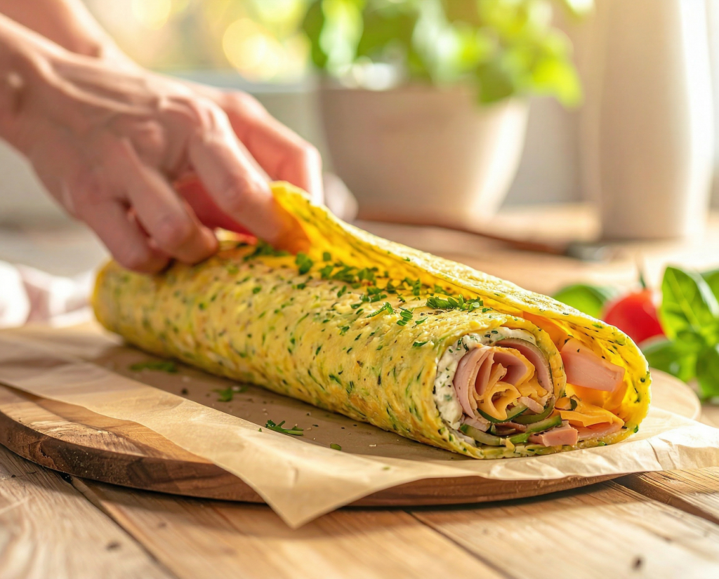 Zucchinirolle mit Schinken und Käse wird aufgerollt