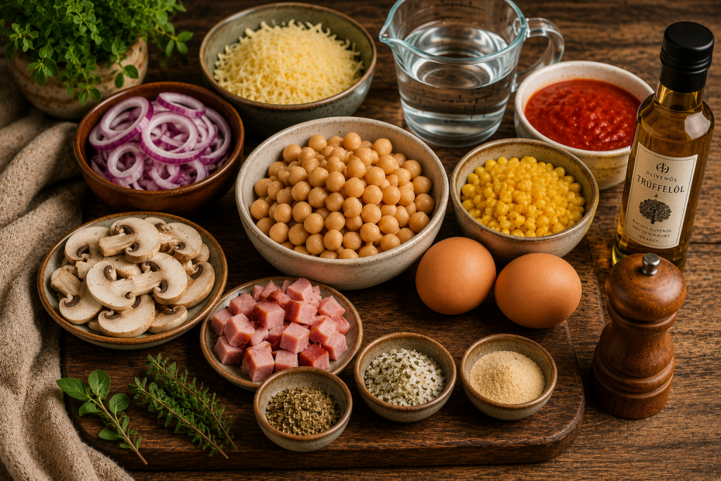 Zutaten für Protein-Pizza mit Kichererbsen, Eiern, Käse und Gemüse