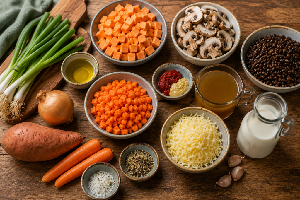 Zutaten für Süßkartoffel-Linsen-Auflauf mit Gemüse, Linsen und Käse