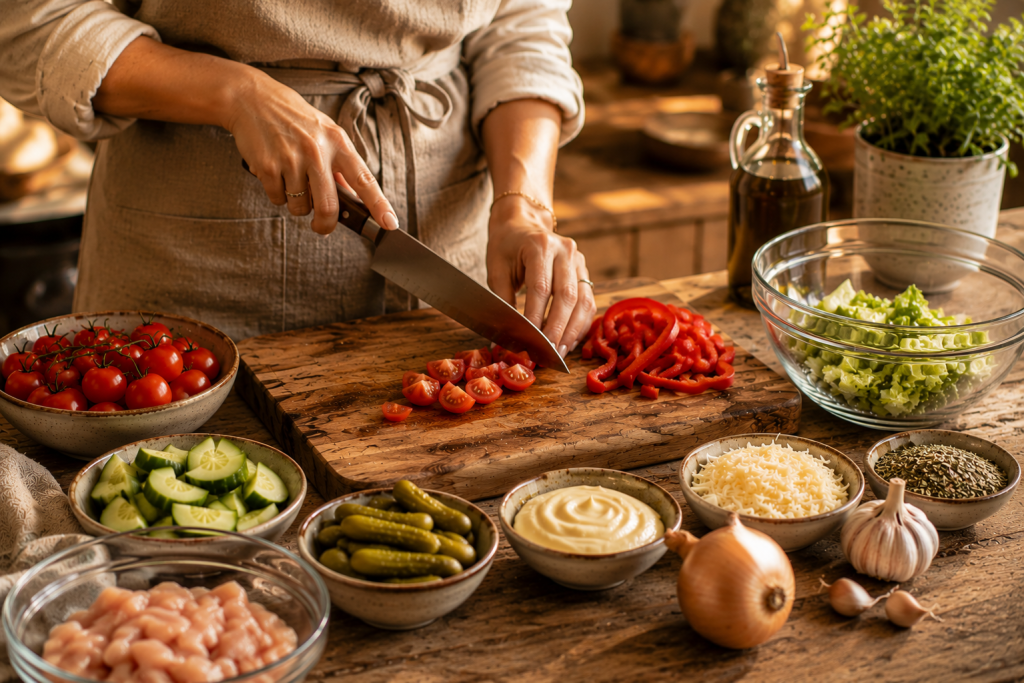 Hähnchen und Gemüse werden für Caesar-Salat geschnitten