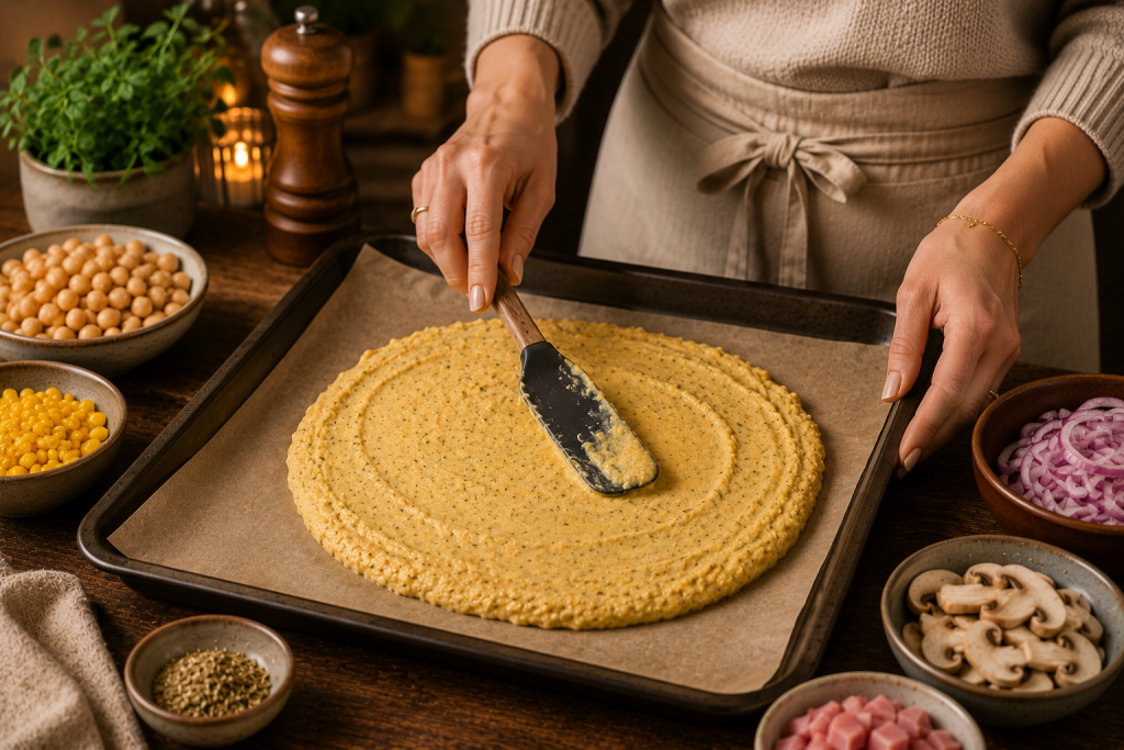 Pizzaboden aus Kichererbsenteig wird auf dem Backblech verteilt