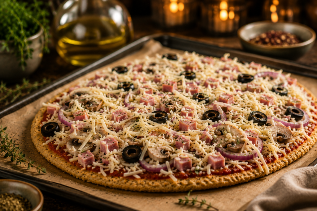 Protein-Pizza wird mit Tomatensauce, Käse und Gemüse belegt