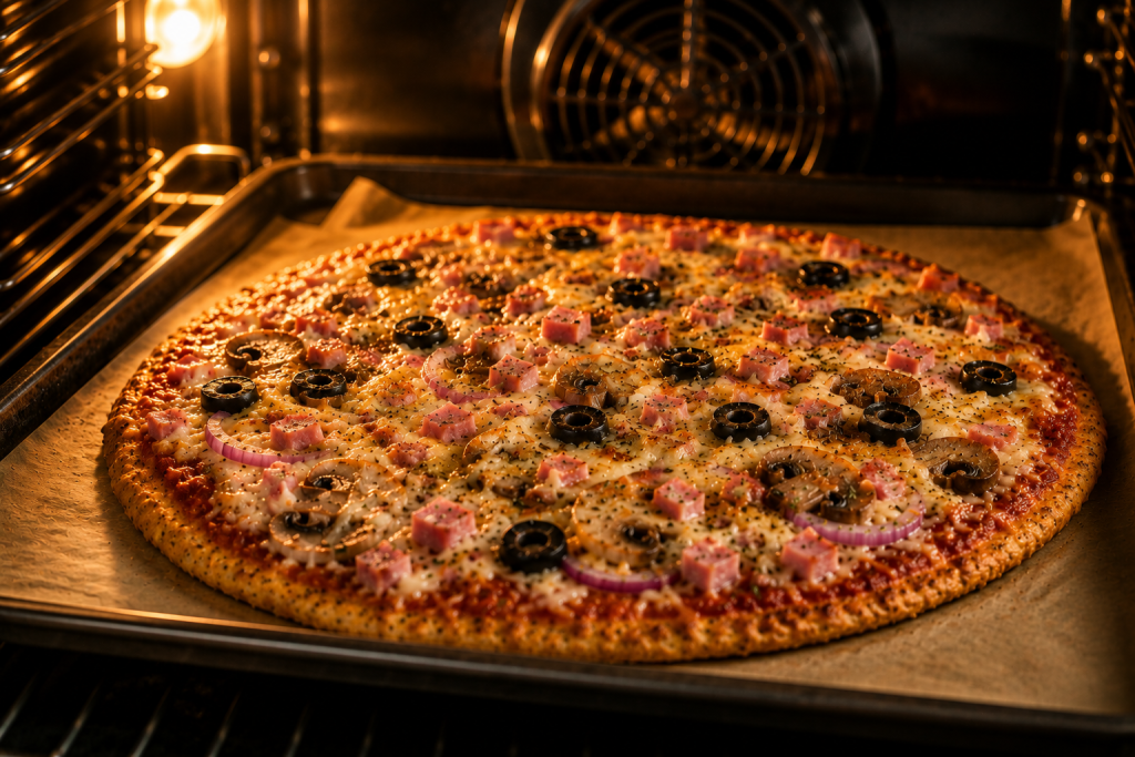 Fertig gebackene Protein-Pizza mit Käse und Gemüse im Ofen