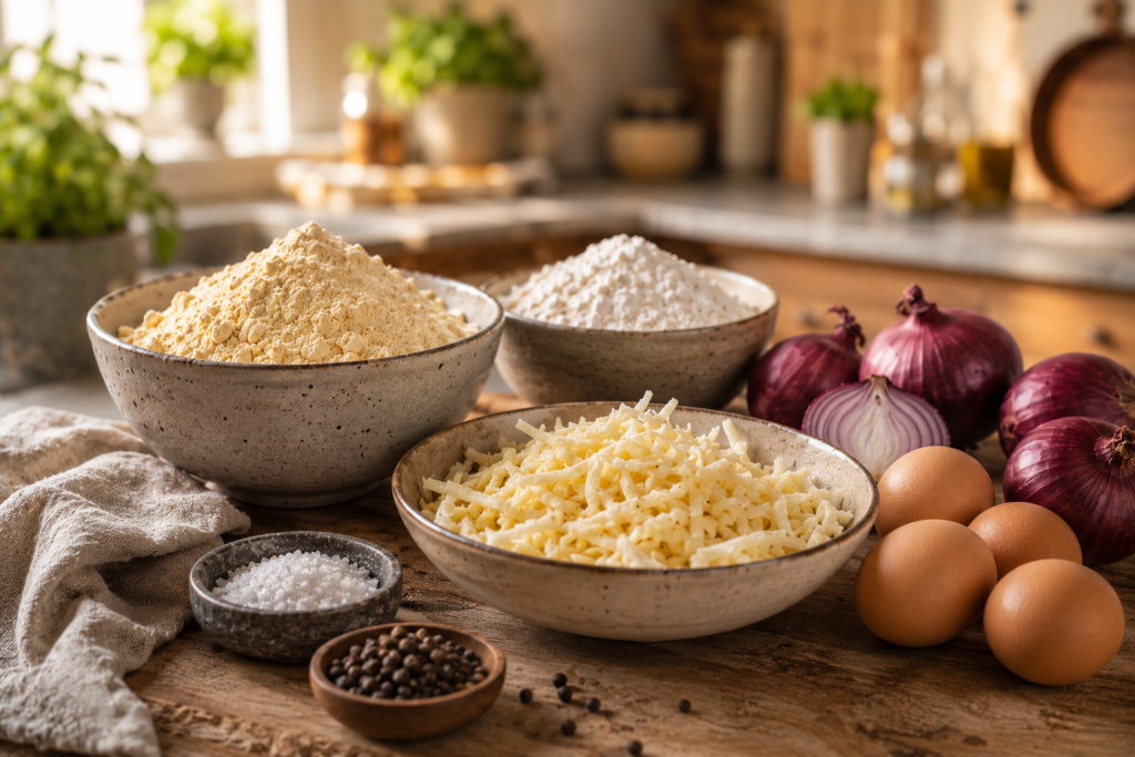 Zutaten für Käsespätzle mit Mehl, Eiern, Zwiebeln und Käse