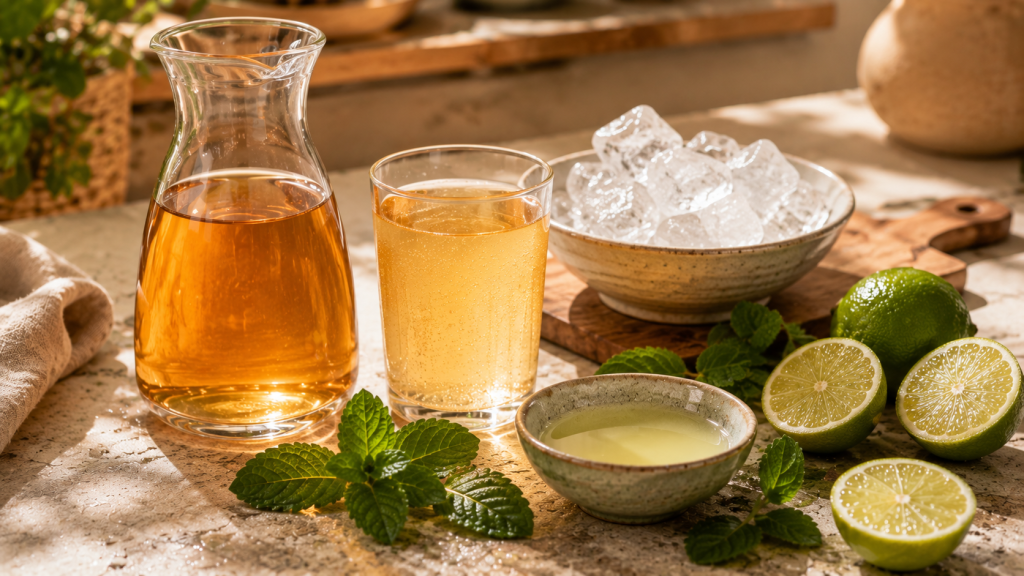 Zutaten für Pfirsich-Powerdrink mit Tee, Limette, Minze und Eiswürfeln