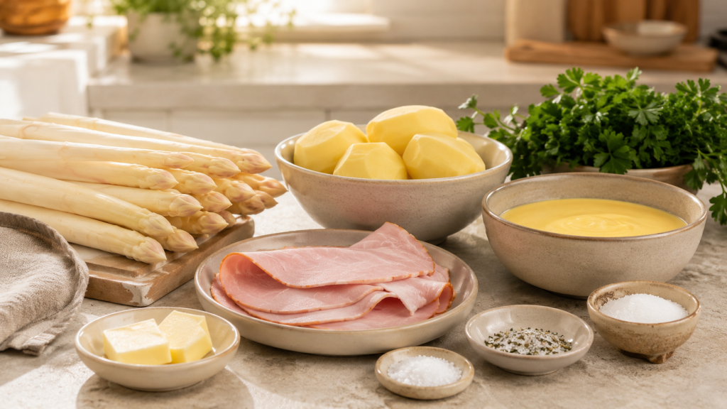 Zutaten für Spargel mit Kartoffeln, Schinken und Sauce hollandaise