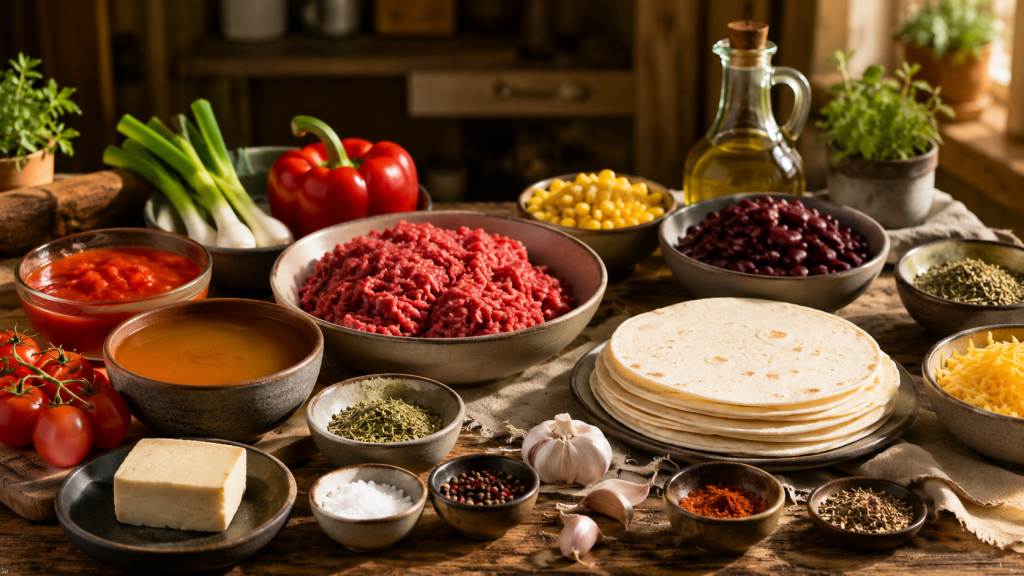 Zutaten für Tortilla-Wraps mit Hackfleisch, Gemüse und Käse