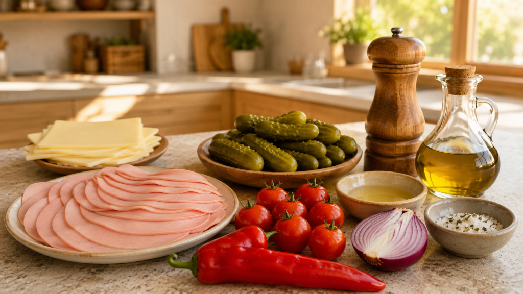 Zutaten für Wurstsalat mit Wurst, Käse, Paprika und Essiggurken