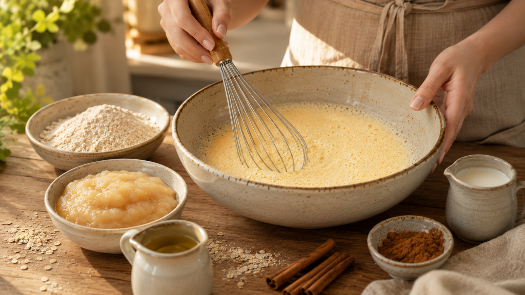 Teig für Birnen-Zimt-Waffeln wird mit einem Schneebesen verrührt