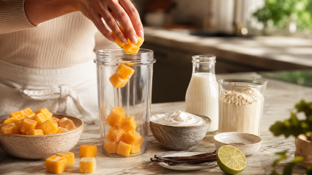 Mangowürfel werden in den Mixer gegeben