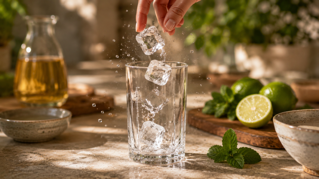 Eiswürfel werden mit Limette und Minze in ein Glas gegeben