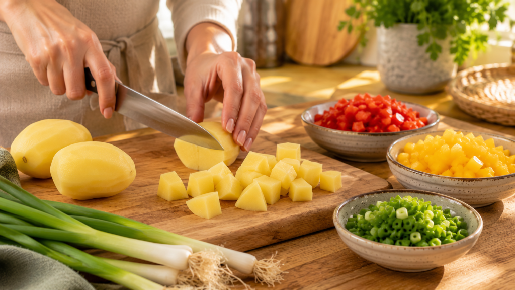 Kartoffeln und Gemüse werden für Protein-Gröstl gewürfelt