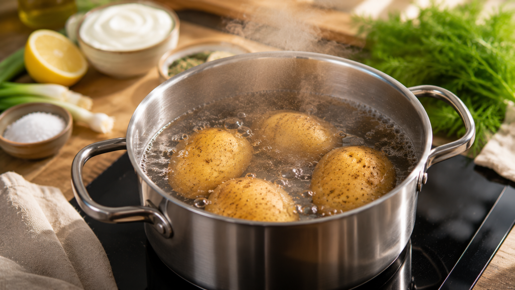 Kartoffeln werden in einem Topf gekocht